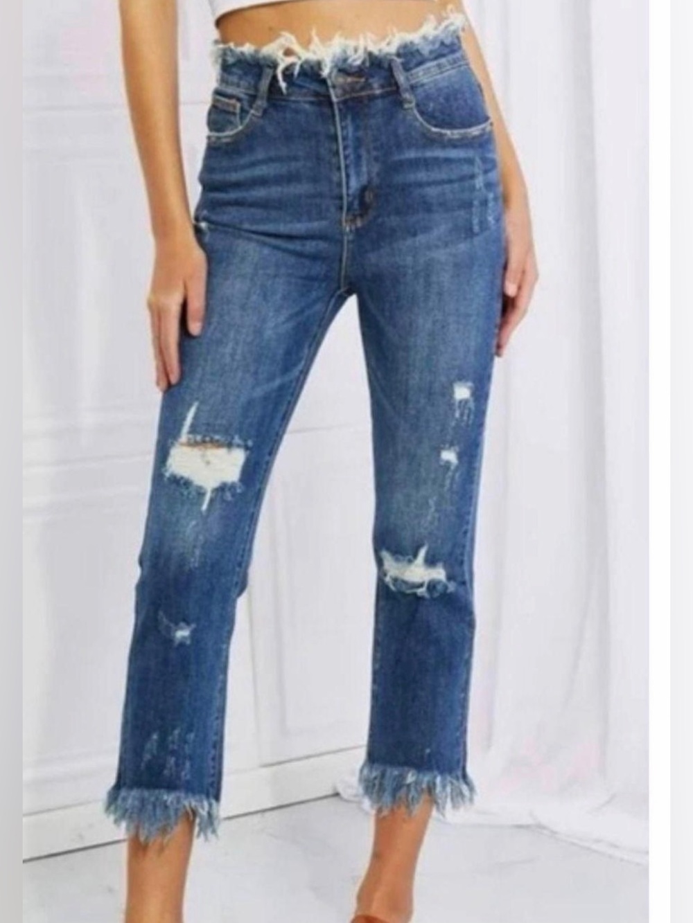 Risen Distressed High Rise Frayed Straight Leg Jeans Size 29 Dark Wash